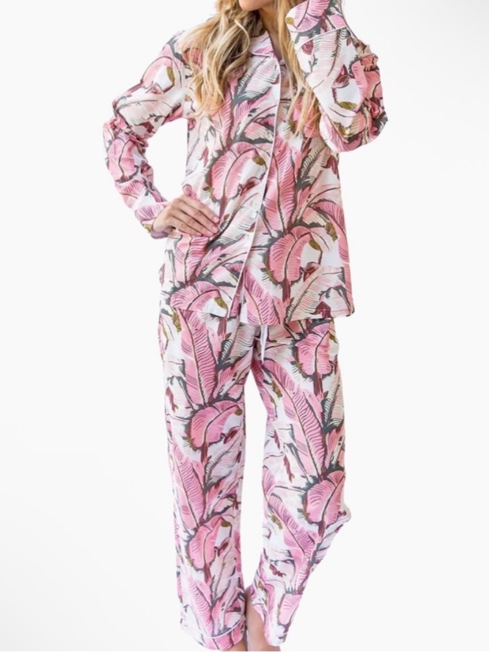 Sant & Abel x CW Stockwell MARTINIQUE® PINK BANANA LEAF LONG PJ SET M NWT Cotton